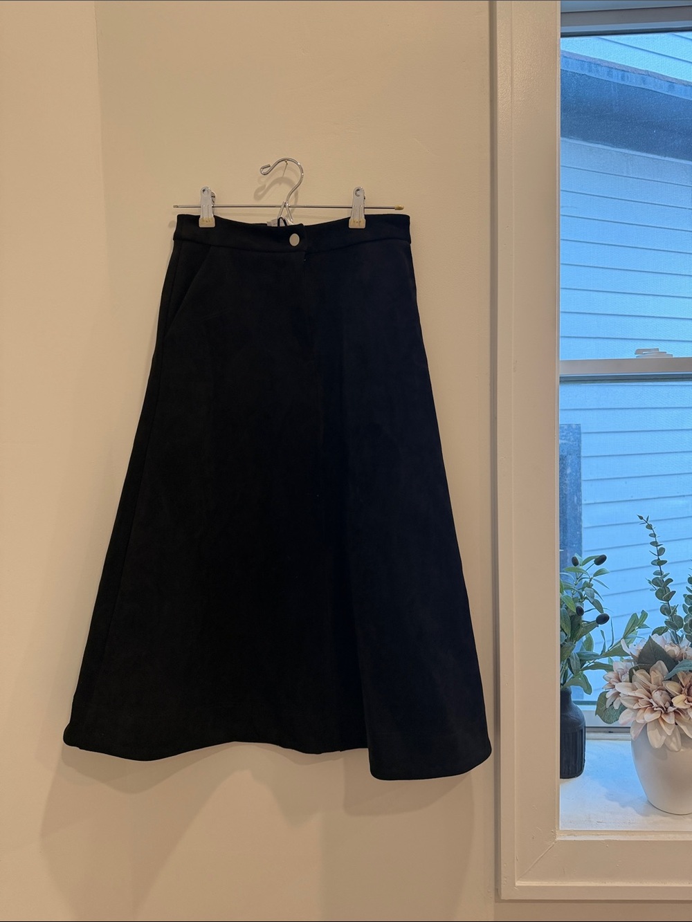 Black Suede A-Line Midi Skirt with Button Waist